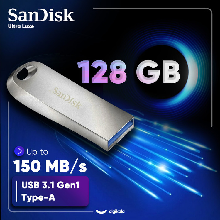 فلش مموری سن دیسک مدل Ultra Luxe ظرفیت 128 گیگابایت با بدنه فلزی، رابط USB 3.1 Type-A، سرعت خواندن 150 مگابایت بر ثانیه و نرمافزار کدگذاری SanDisk Secure Access