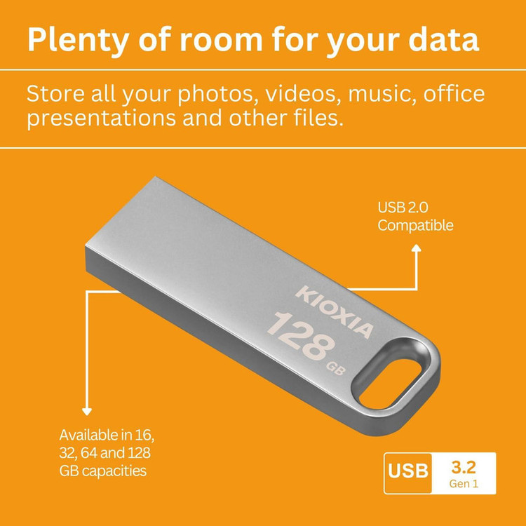 فلشمموری 128 گیگابایت کیوکسیا مدل U366 با بدنه فلزی، رابط USB 3.2، سرعت انتقال 200 مگابایت بر ثانیه، مقاوم در برابر ضربه و قابلیت اتصال به بند کلید