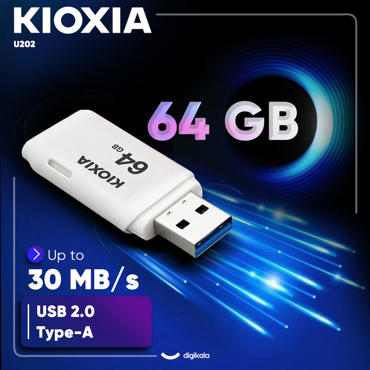 فلش مموری کیوکسیا مدل U202 ظرفیت 64 گیگابایت با رابط USB 2.0، بدنه پلاستیکی مقاوم، درپوشدار، سازگار با کامپیوتر، لپتاپ، گوشی، تبلت و تلویزیون، پشتیبانی از Windows 11 و macOS نسخه 12 تا 15