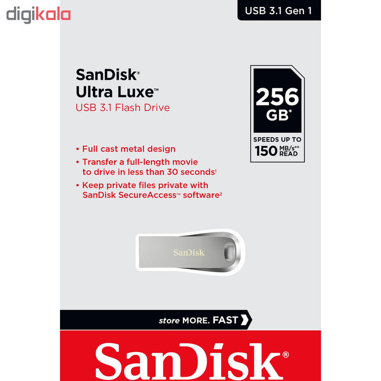 فلش مموری سن دیسک مدل Ultra Luxe ظرفیت 256 گیگابایت، رابط USB 3.1، سرعت خواندن 150 مگابایت بر ثانیه، بدنه فلزی مقاوم، پشتیبانی از نرمافزار کدگذاری اطلاعات