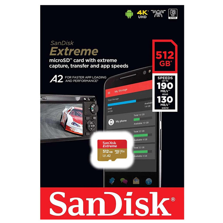 کارت حافظه microSDXC سن دیسک مدل Extreme کلاس A2 استاندارد UHS-I U3 سرعت 190MBps ظرفیت 512 گیگابایت