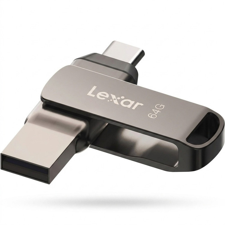 فلش مموری لکسار مدل JumpDrive Dual Drive D400 ظرفیت 64 گیگابایت با رابط USB 3.1 Type-C و Type-A، بدنه فلزی مقاوم در برابر آب، ضربه، شوک و گرد و غبار، سرعت انتقال تا 130 مگابایت بر ثانیه و قابلیت رمزگذاری خودکار دادهها