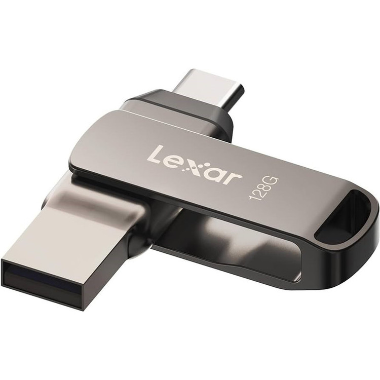 فلش مموری لکسار مدل JumpDrive Dual Drive D400 ظرفیت 64 گیگابایت با رابط USB 3.1 Type-C و Type-A، بدنه فلزی مقاوم در برابر آب، ضربه، شوک و گرد و غبار، سرعت انتقال تا 130 مگابایت بر ثانیه و قابلیت رمزگذاری خودکار دادهها