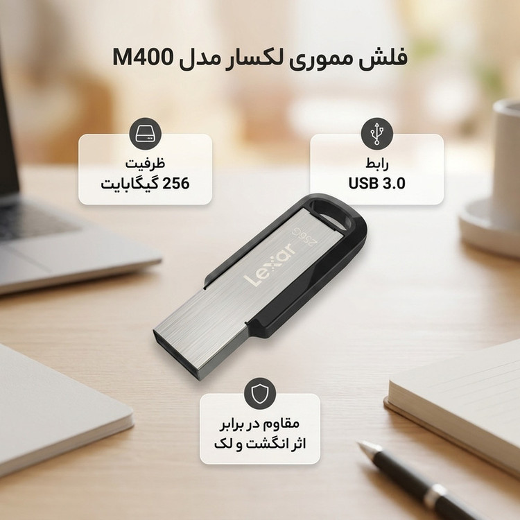 فلش مموری 256 گیگابایت لکسار مدل M400 با رابط USB 3.0، بدنه پلاستیک و آلومینیوم مقاوم در برابر اثر انگشت و لک