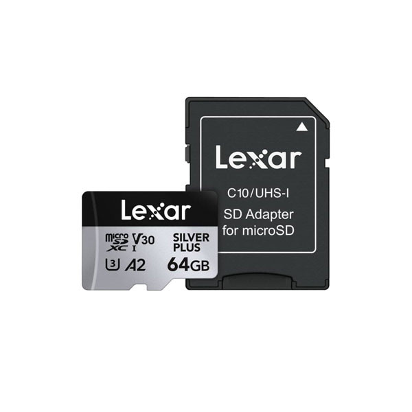 کارت حافظه microSDXC لکسار مدل SILVER PLUS کلاس A2 استاندارد UHS-U3 سرعت 205MBps ظرفیت 64 گیگابایت به همراه آداپتور SD