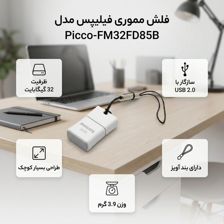 فلش مموری فیلیپس سری Picco مدل FM32FD85B ظرفیت 32 گیگابایت با رابط USB 2.0، درپوش محافظ و بند قابل جداشدن