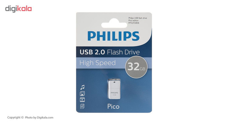 فلش مموری فیلیپس سری Picco مدل FM32FD85B ظرفیت 32 گیگابایت با رابط USB 2.0، درپوش محافظ و بند قابل جداشدن