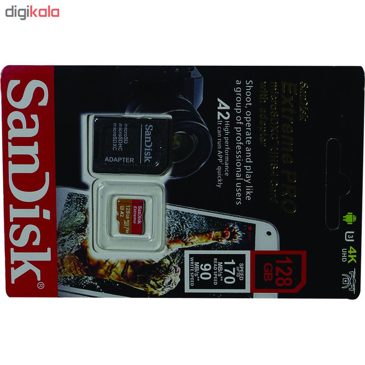 کارت حافظه microSDXC سن دیسک مدل Extreme PRO کلاس A2 استاندارد UHS-I U3 سرعت 170MBs ظرفیت 128 گیگابایت به همراه آداپتور SD