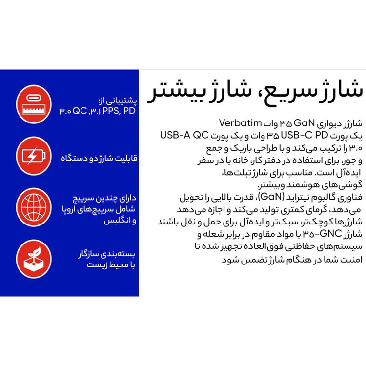 شارژر دیواری 35 وات ورباتیم مدل GaN