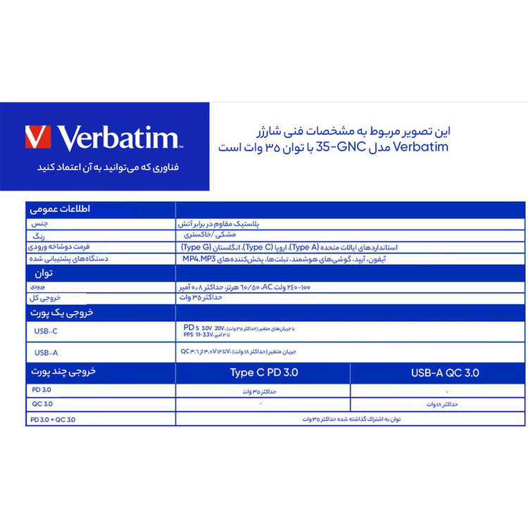 شارژر دیواری 35 وات ورباتیم مدل GaN