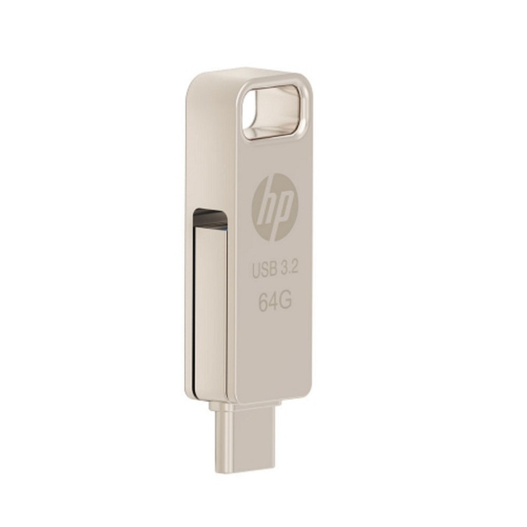 فلش مموری اچپی مدل x206c ظرفیت 64 گیگابایت با طراحی چرخشی، بدنه فلزی، دو رابط USB Type-C و USB Type-A، سرعت انتقال تا 100 مگابایت بر ثانیه و سازگار با ویندوز و مک