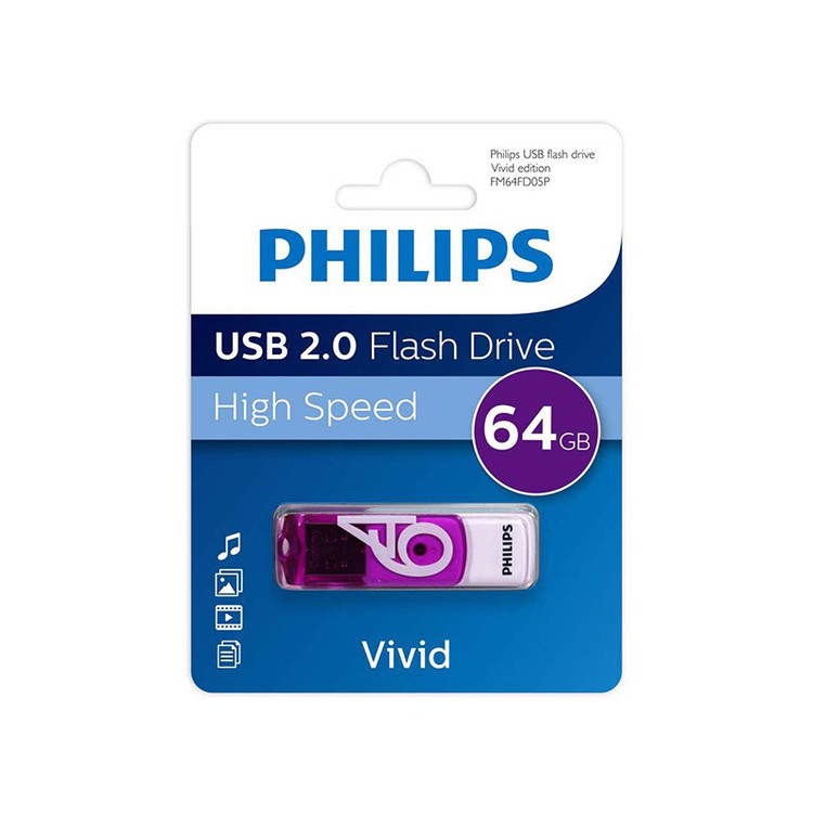 فلش مموری 64 گیگابایت فیلیپس مدل Vivid با رابط USB دو، مقاوم در برابر ضربه و گردوغبار، دارای درپوش چرخشی و شیار اتصال بند