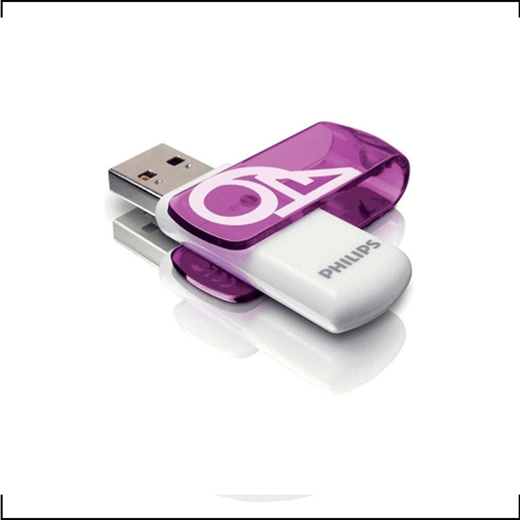 فلش مموری 64 گیگابایت فیلیپس مدل Vivid با رابط USB دو، مقاوم در برابر ضربه و گردوغبار، دارای درپوش چرخشی و شیار اتصال بند